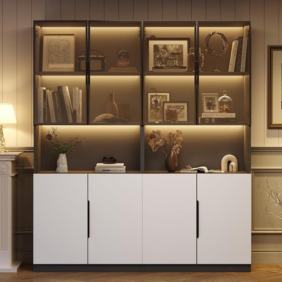 Vitrinekast - 160 X 40 X 160 Cm - Met LED's - 4-deurs Opbergruimte Met Verplaatsbare Planken Spaanplaat Zwart Vitrinekast - 160 X 40 X 160 Cm - Met LED's - 4-deurs Opbergruimte Met Verplaatsbare Planken Spaanplaat Zwart