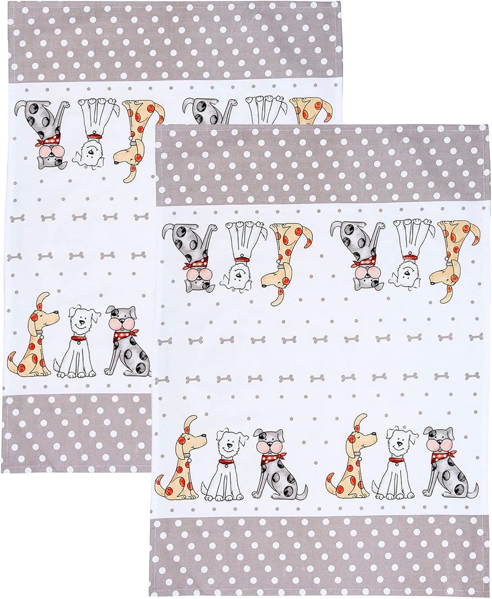 Set van 2 Koffie- en Keukentheedoeken van 100% Katoen met Leuke Hondenprint