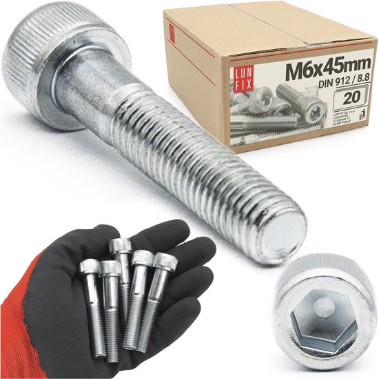 Een grote zilverkleurige M6x45mm bout met kartelkop, met doos en 20 stuks.