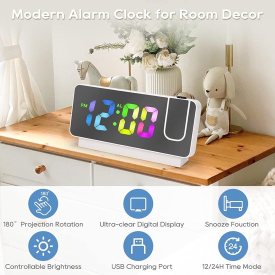 Digitale Projectiewekker met Nachtlampje - 180° Flexibele Projectie en Dimmer - Wekker voor Slaapkamer en Kinderen — afbeelding 4