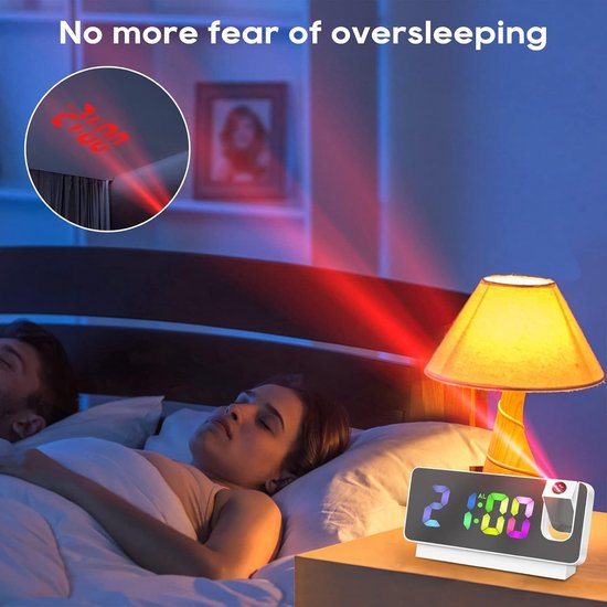 Digitale Projectiewekker met Nachtlampje - 180° Flexibele Projectie en Dimmer - Wekker voor Slaapkamer en Kinderen — afbeelding 2
