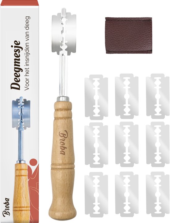 Lame à pain avec manche en bois, incluant 10 lames inoxydables et un étui en cuir marron. Logo 'Broba'.