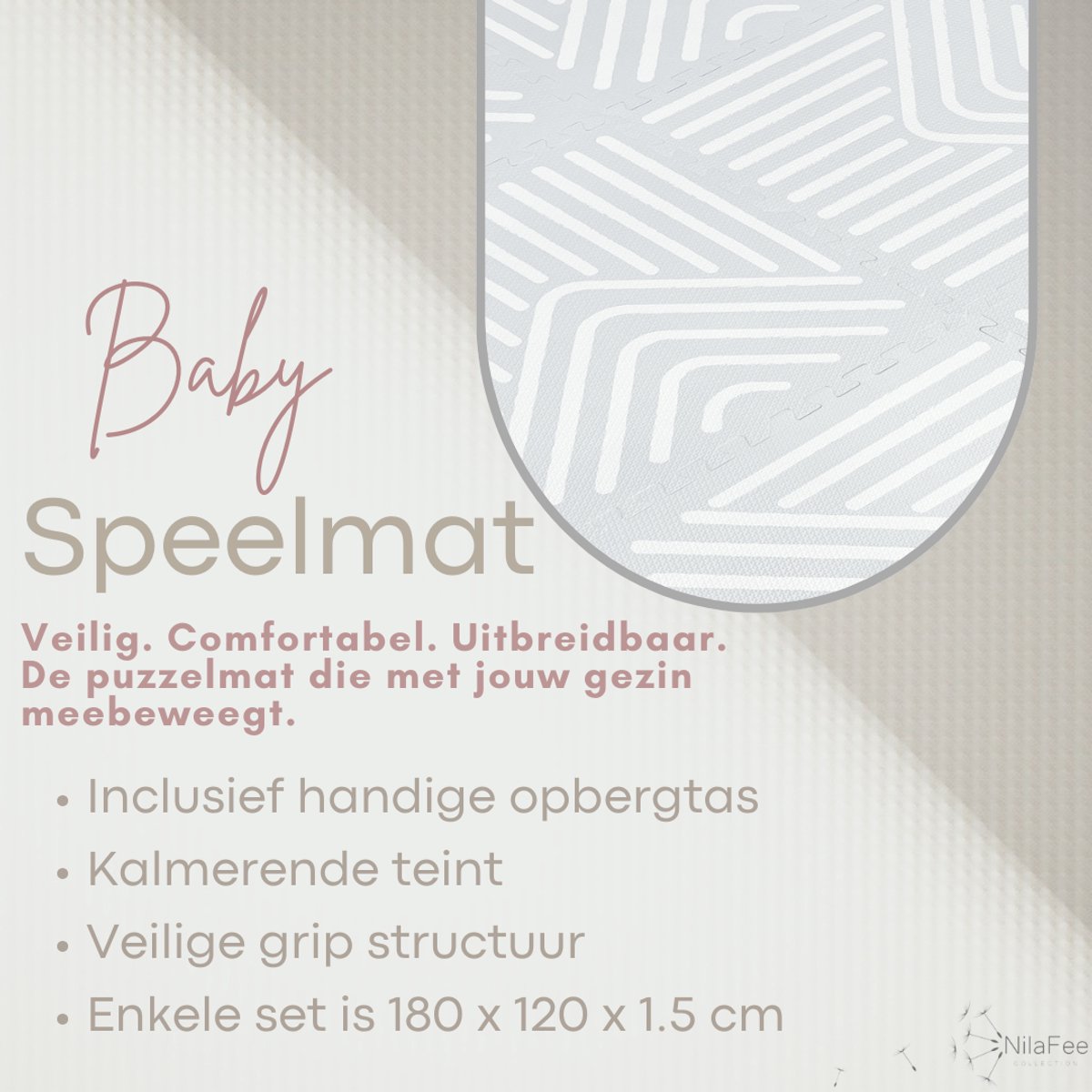 NilaFee™ - Speelmat - Foam - Baby - Speelkleed - Kruipmat - 180 x 120 x 1.5 cm - Puzzelmat - Opbergtas -Geometry Grijs — afbeelding 4