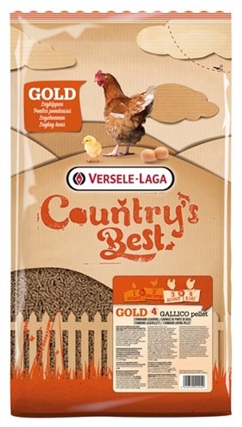 Zak Country's Best Gold 4 Gallico pellet kippenvoer met bruine kip en kuiken afbeelding.