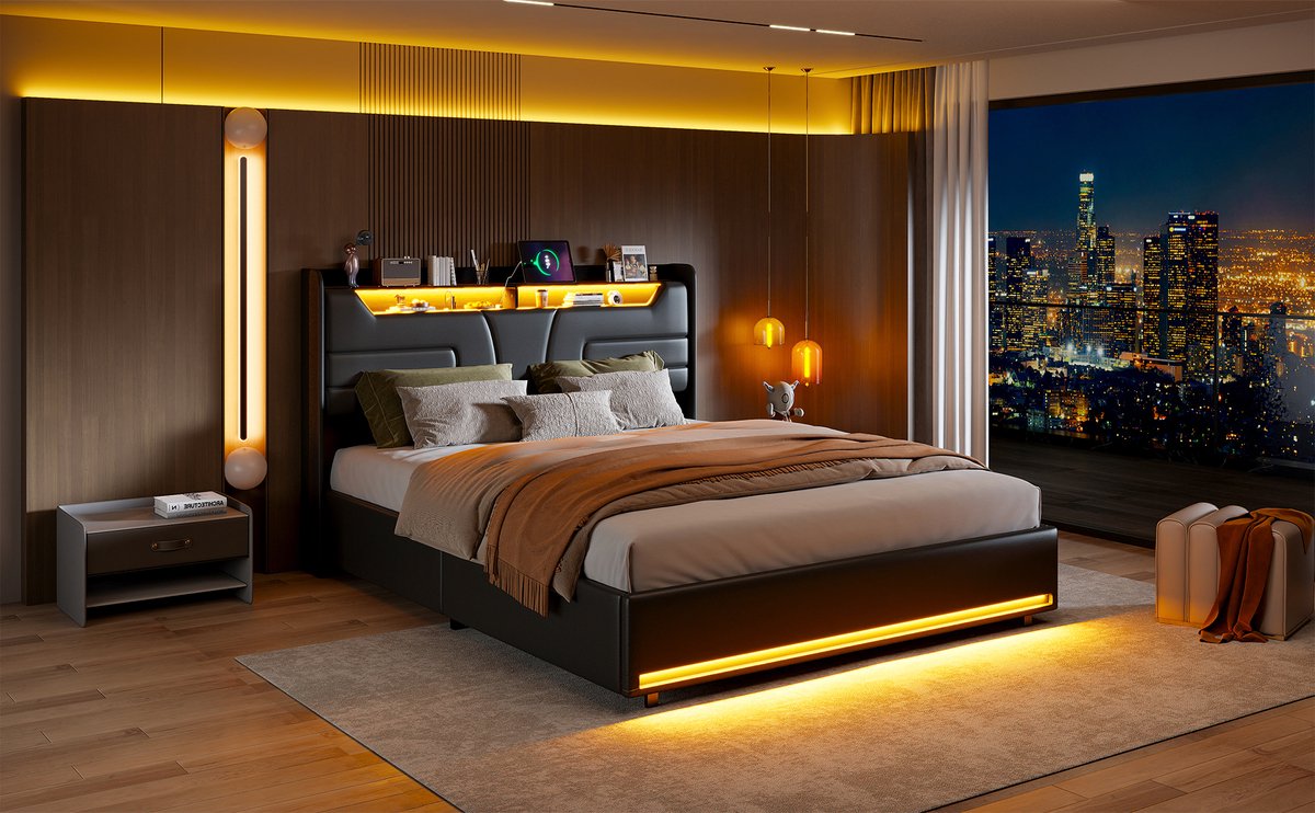 Tweepersoonsbed 140x200cm, hoofdbord met USB, hoofdbord en