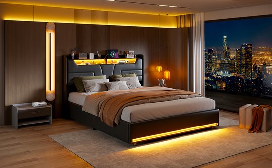 Tweepersoonsbed 140x200cm, hoofdbord met USB, hoofdbord en - Tweepersoonsbed - €289,99