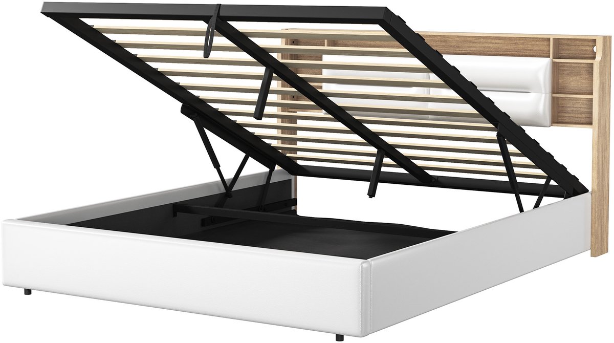 SHOPENTRA Opbergbed 160x200 cm wit PU-leer met 3-vaks opberghoofdbord, hydraulische opbergruimte en gestoffeerd tweepersoonsbed thumbnail 3