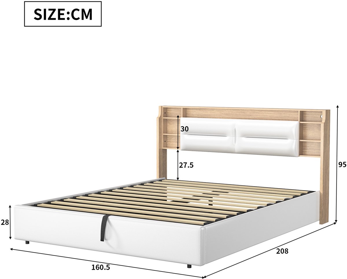 SHOPENTRA Opbergbed 160x200 cm wit PU-leer met 3-vaks opberghoofdbord, hydraulische opbergruimte en gestoffeerd tweepersoonsbed thumbnail 2