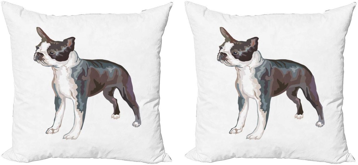 ABAKUHAUS Boston Terriër Kussenhoes Set – 2x 45x45 cm – Dubbelzijdig digitaal bedrukt – Met rits Wit