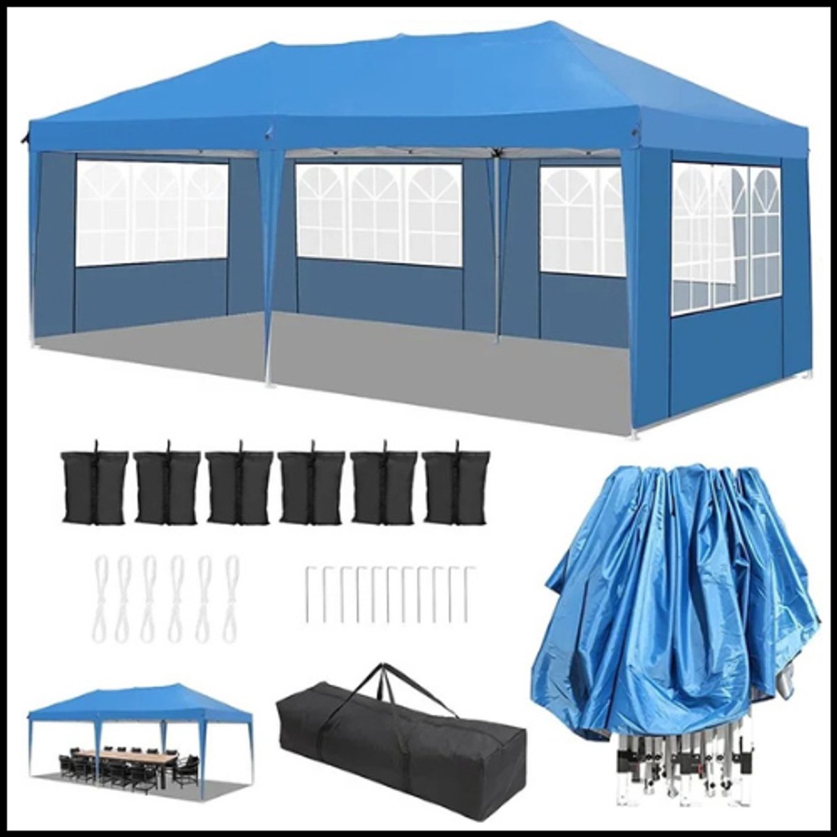 Pop-up paviljoen 3x6m – Partytent en tuinoverkapping – Waterdicht – UV-bescherming 50+ – Sterk stalen frame – 4 zijpanelen – Verstelbare hoogte – Blauw