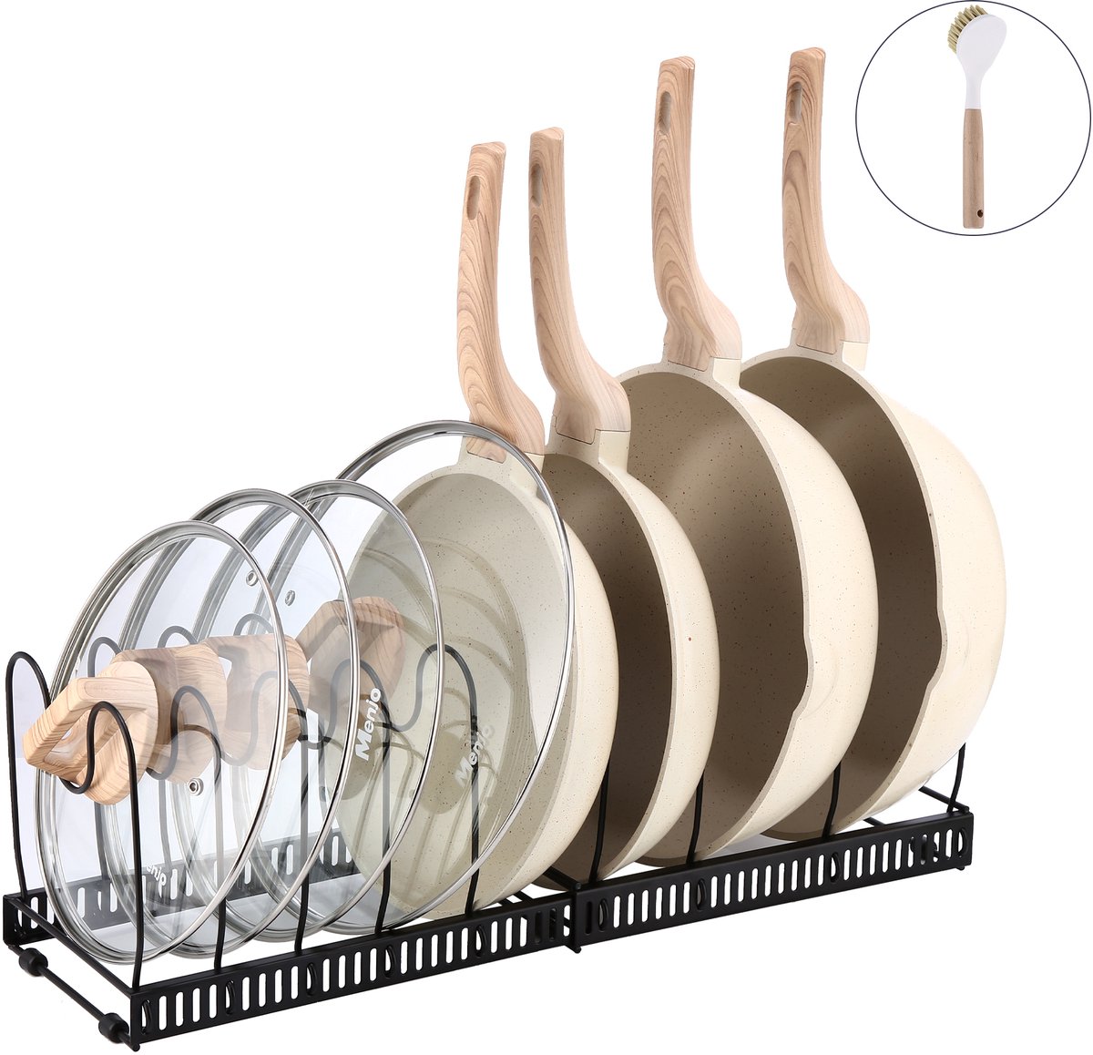 Behave Pannenrek - Organizer - Anti slip - Dekselhouder - Verstelbaar - Zwart - Afwasborstel