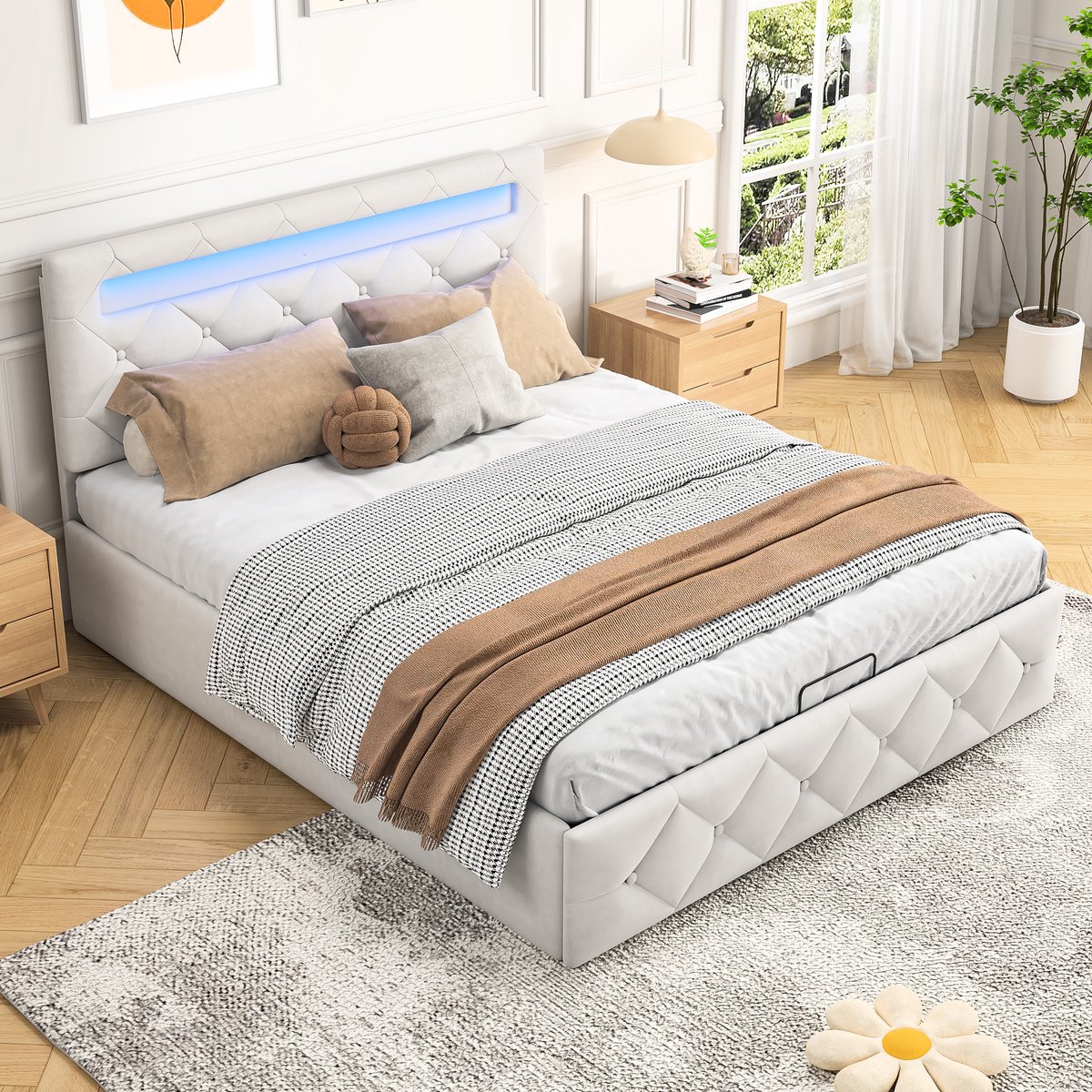 Tweepersoonsbed 140x200 cm - met LED-verlichting en hydraulische opbergruimte, functioneel bed met verstelbaar hoofdeinde, belastbaar tot 300 kg, Geschikt voor tieners / volwassenen, fluweel