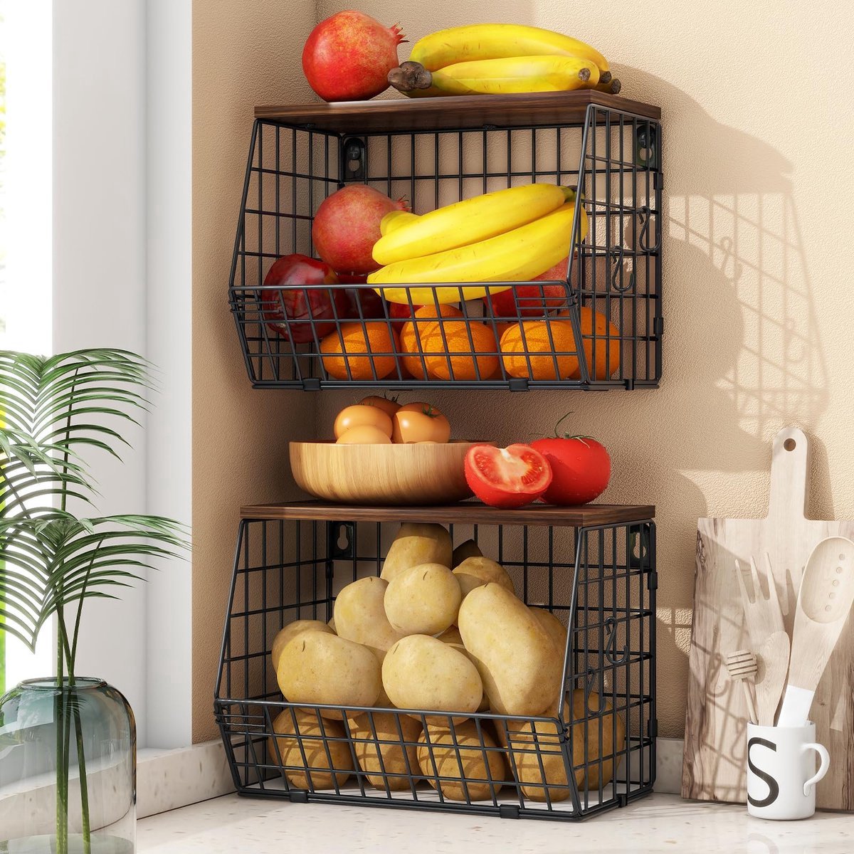 Stunq® Stijlvolle en Functionele Hangende Dubbele Laag Keukenopslag met Houten Deksel