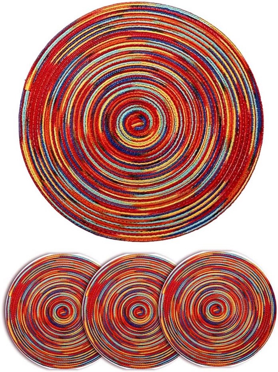 Set van 4 Ronde Placemats Katoen Geweven Rotan Look Hittebestendig Tafelmatten 30 cm
