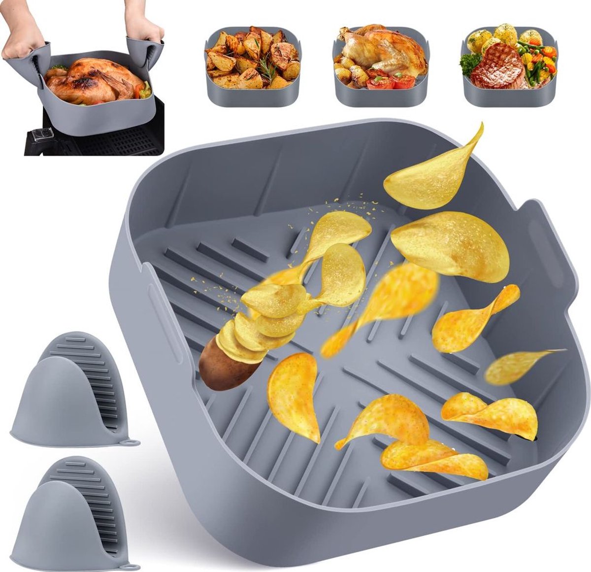 Siliconen mal voor de airfryer, herbruikbare siliconen pan, inclusief ovenwanten.