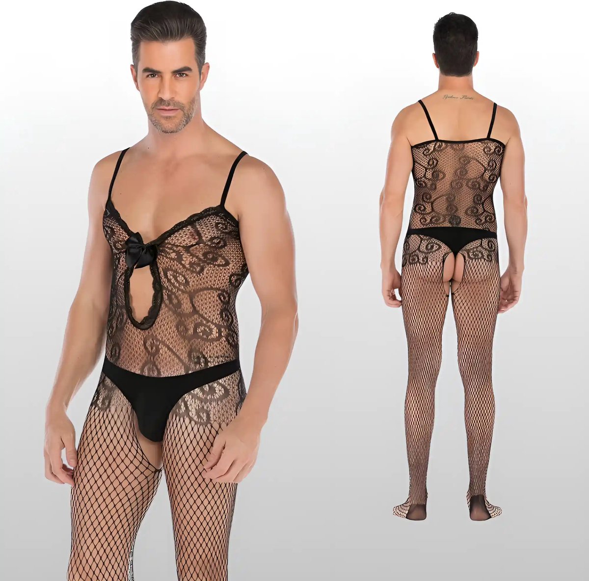 Heren Bodystocking Met Kant & Strik Design - Sexy Herenlingerie - One Size S-XL (46-52) | LS116