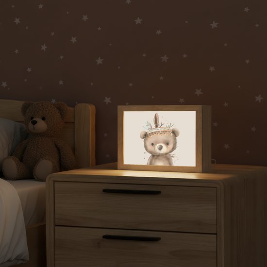 Nachtlampje 20x15 cm - Kinder lamp - Beer - Boho - Indianentooi - Dieren - Tafellamp kinderkamer - Slaapkamer lamp - Bedlamp kinderen - Kinderlampje stopcontact - Wandlamp babykamer - Nachtlampjes van Merkloos — afbeelding 2