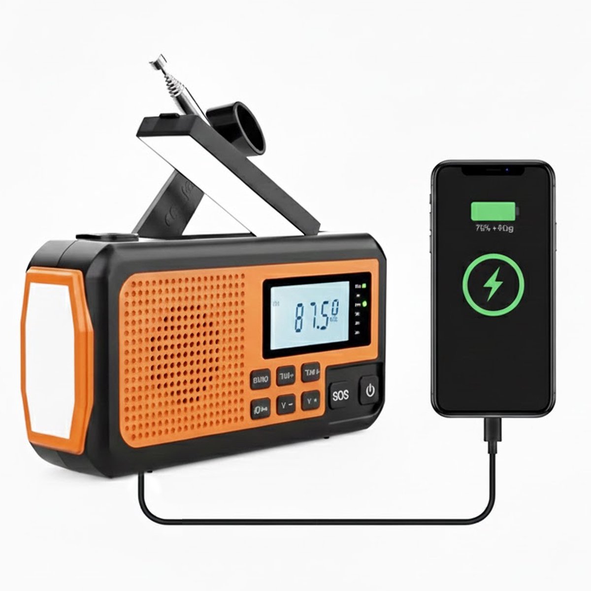 Opwindbare Noodradio oranje - oplaadbaar - zaklamp - noodpakket - USB-C en solar - Powerbank 4000 mAh- USB-C kabel - SOS alarm - Noodpakket -