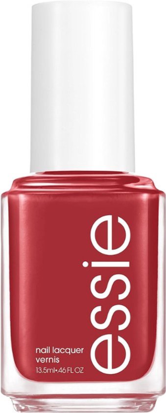 Flesje Essie nagellak in de kleur rood, met witte dop. "nail lacquer" op het etiket.