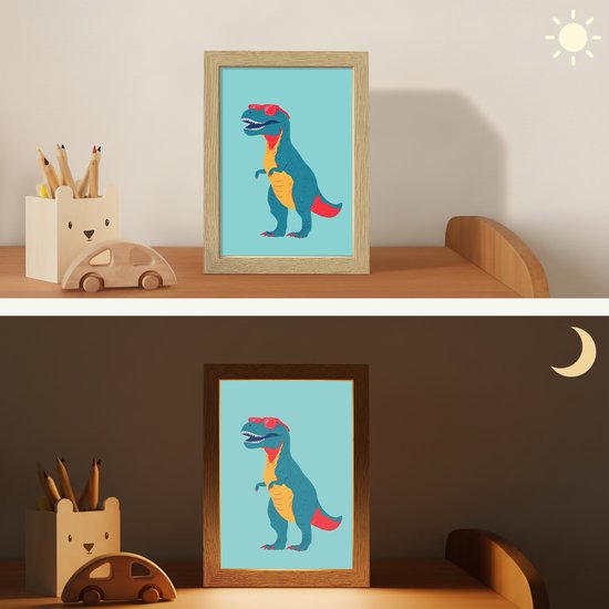 Nachtlampje 15x20 cm - Kinder lampje - Dinosaurus - Blauw - Zonnebril - Tafellamp kinderkamer - Slaapkamer lamp - Bedlamp kinderen - Kinderlampje stopcontact - Wandlamp babykamer - Nachtlampjes van OnlyWow — afbeelding 4