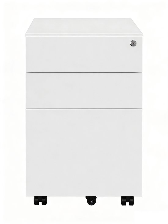 Witte archiefkast met drie laden, een slot en wieltjes.