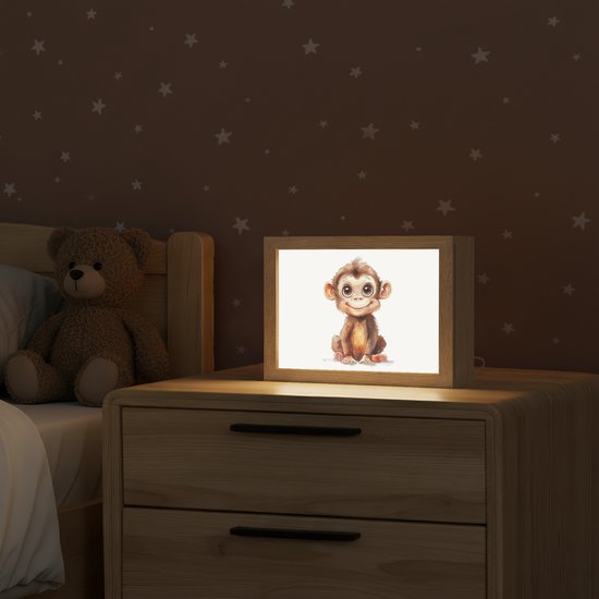 Nachtlampje 20x15 cm - Kinder lampje - Aap - Baby - Jungle dieren - Tafellamp kinderkamer - Slaapkamer lamp - Bedlamp kinderen - Kinderlampje stopcontact - Wandlamp babykamer - Nachtlampjes van OnlyWow — afbeelding 2