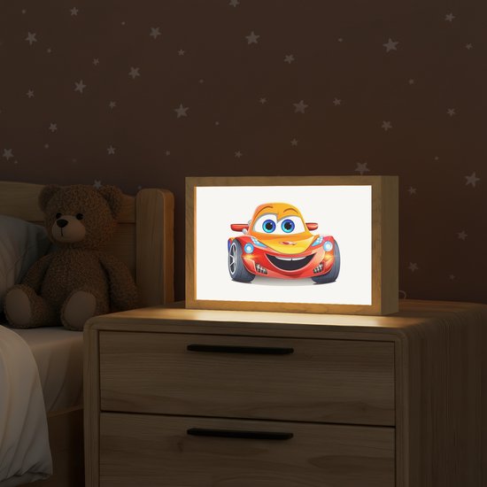 Nachtlampje 30x20 cm - Kinder lamp - Raceauto - Oranje - Jongens - Kinderen - Auto - Tafellamp kinderkamer - Slaapkamer lamp - Bedlamp kinderen - Kinderlampje stopcontact - Wandlamp babykamer - Nachtlampjes van Merkloos — afbeelding 2
