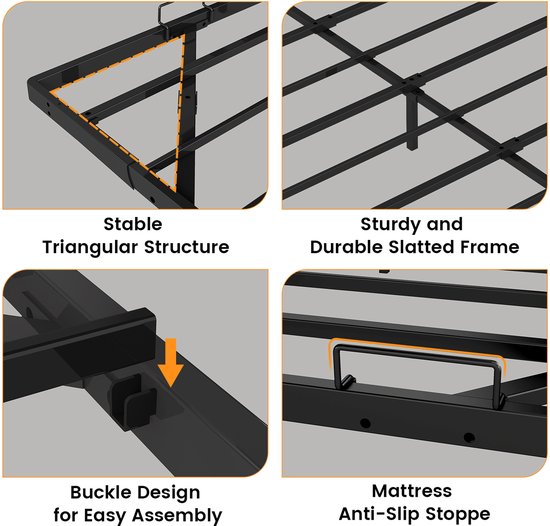 Details van een zwart metalen bedframe: stabiele driehoekige structuur, stevig lattenframe, gespontwerp en matrasstopper.