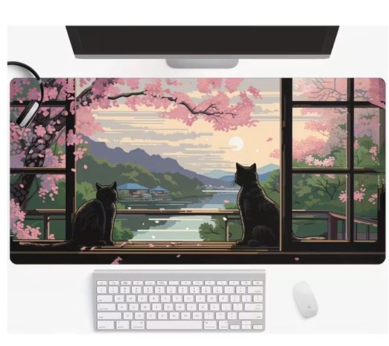 Extra grote muismat 90x40 cm – katten bij venster – bureaumat met rustgevend landschap