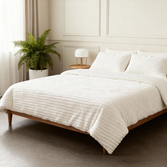 Wit geribd dekbed op een houten bed met twee kussens en een plant.