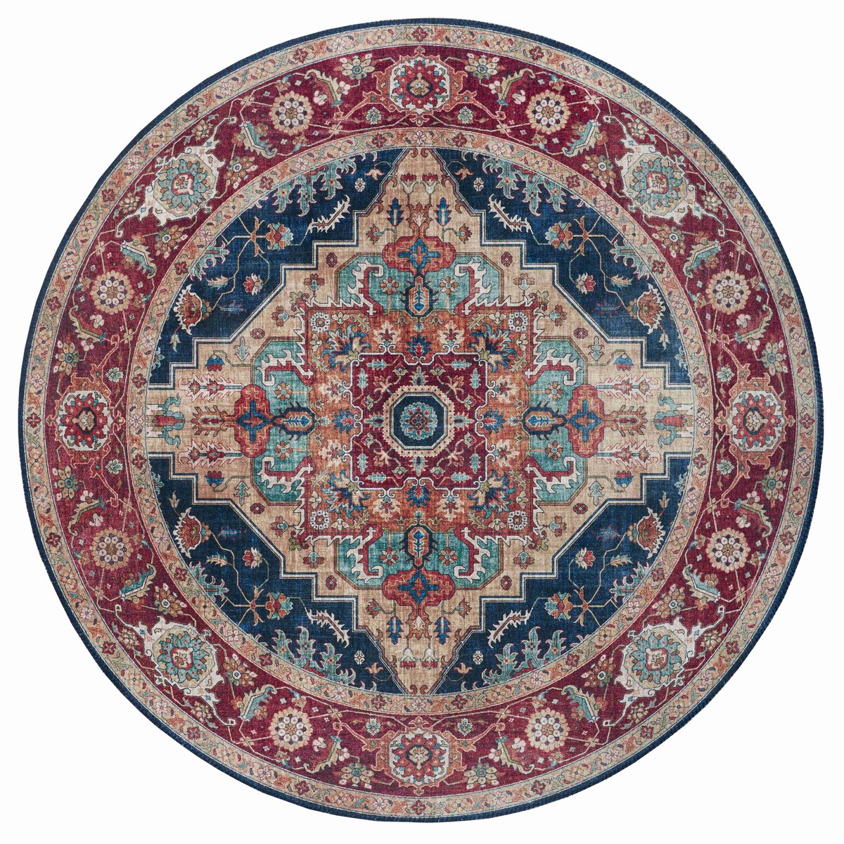 Flycarpets Oriental Rond Vintage vloerkleed - Rood / Blauw - Laagpolig Tapijt - ∅ 160 cm