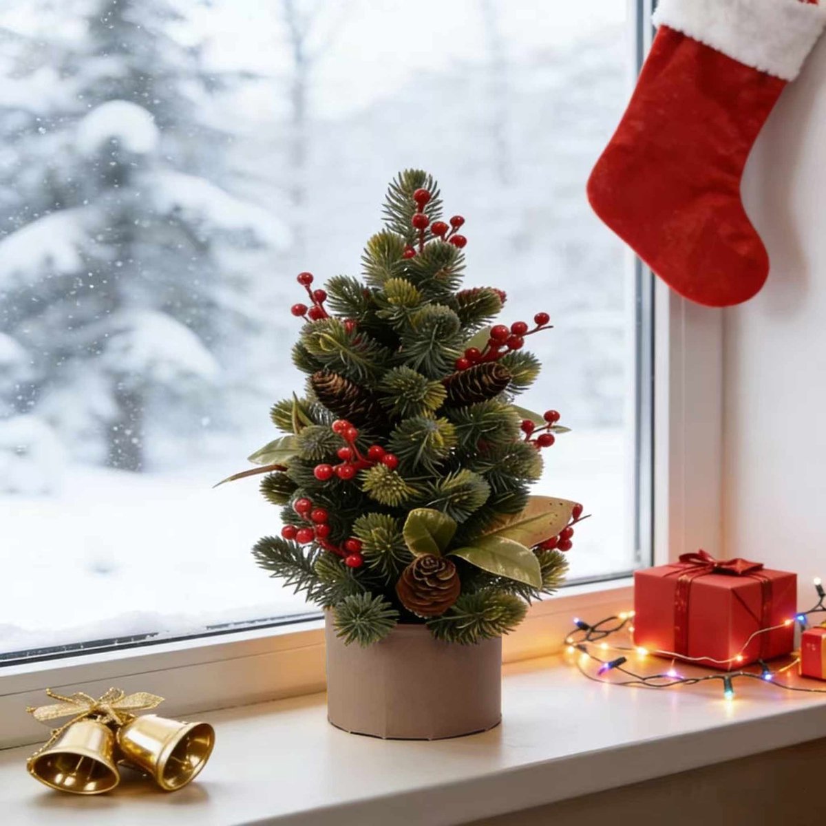 Meedeer Tafelkerstboom-Kunstkerstboom+Kerstboomklokjes*1-Kerstboom-H45 cm-Kerstboom met Dennenappels en rode bessen-Met basis-Zeer Dicht Takkenstelsel-Groen-voor kerstdecoratie, feestjes（Groen）