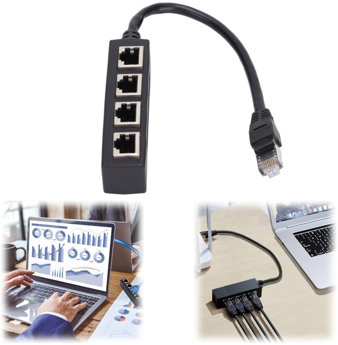Netwerkkabeladapter - kabelsplitter - Ethernet-kabeladapter - kabelverlengkabel - 1 mannelijke naar 4 vrouwelijke connectoren - geschikt voor breedbandverbindingen in huizen, kantoren en internetcafés - zwart