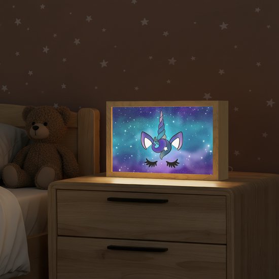 Nachtlampje 30x20 cm - Kinder lamp - Eenhoorn - Sterrenhemel - Ster - Blauw - Tafellamp kinderkamer - Slaapkamer lamp - Bedlamp kinderen - Kinderlampje stopcontact - Wandlamp babykamer - Nachtlampjes van Merkloos — afbeelding 2