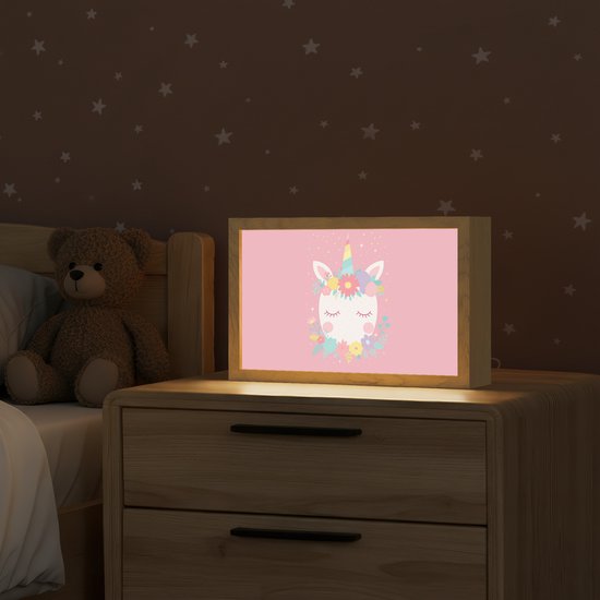 Nachtlampje 30x20 cm - Kinder lamp - Eenhoorn - Bloemen - Roze - Tafellamp kinderkamer - Slaapkamer lamp - Bedlamp kinderen - Kinderlampje stopcontact - Wandlamp babykamer - Nachtlampjes van Merkloos — afbeelding 2