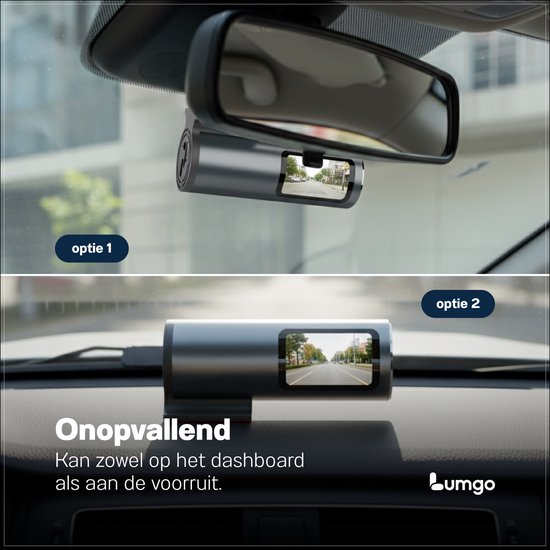 Dashcam gemonteerd achter de achteruitkijkspiegel (optie 1) en op dashboard (optie 2).
