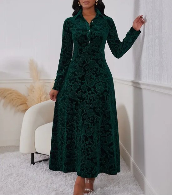 Prachtige Sexy Dames Suède Jurk – Fluweellook – Donkergroen – Lange Mouw – Elegante Midi Jurk Maat XL