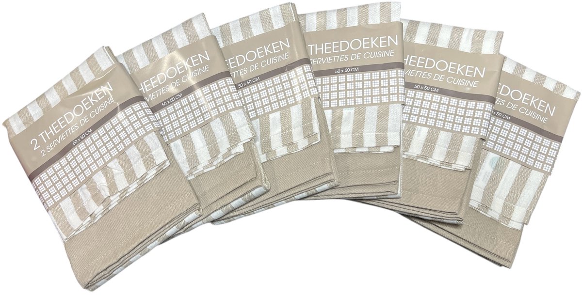 6 x set à 2 st Theedoek 50 cm x 50 cm Beige 100 % Katoen