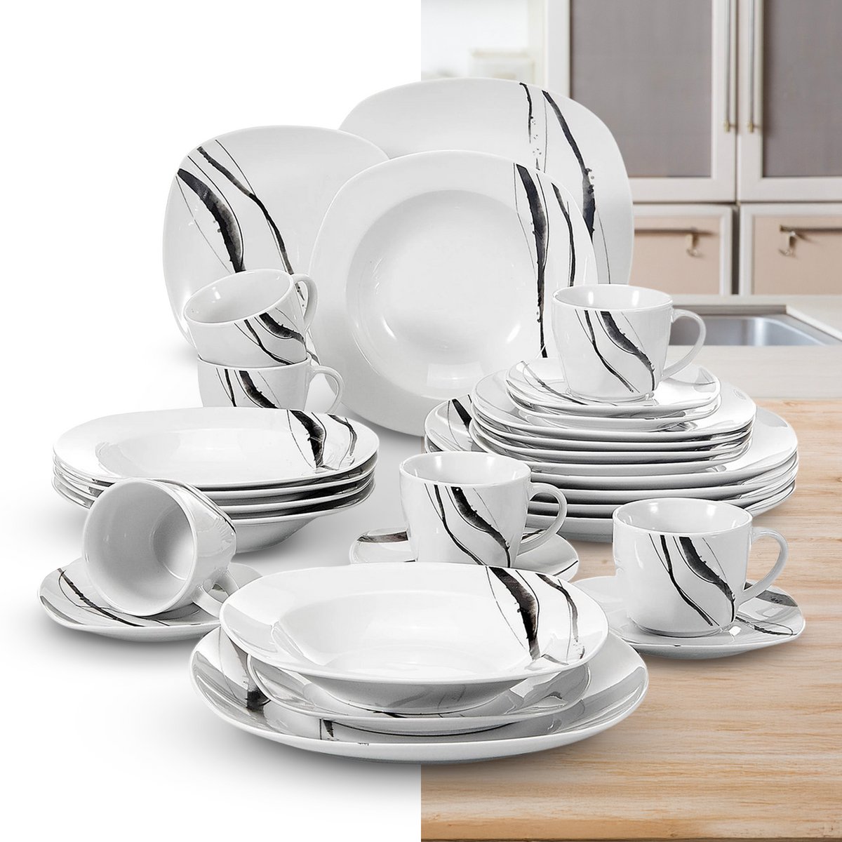 Luxe Serviesset – 30 delig – 6 persoons – Porselein - Bordenset – Dinner platen – Dessertborden - Kommen - Mokken - Schaaltjes - Wit/Zwart