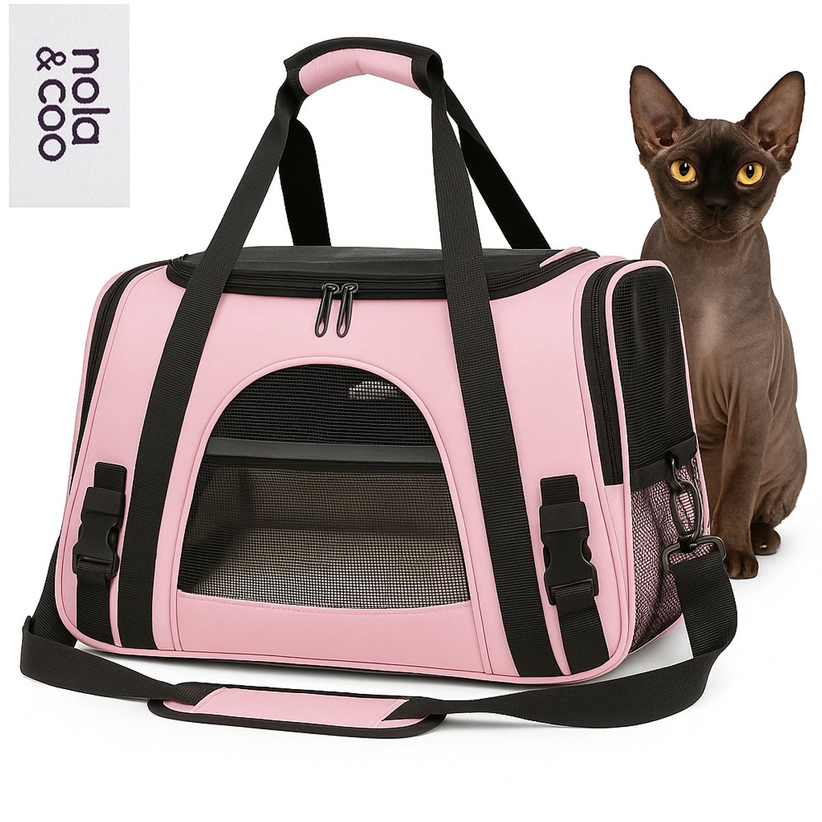 Nola & Coco Reistas voor Katten, Honden en Knaagdieren - Max 8 KG - 43 x 25 x 28 cm - Huisdieren Reistas - Small - Roze