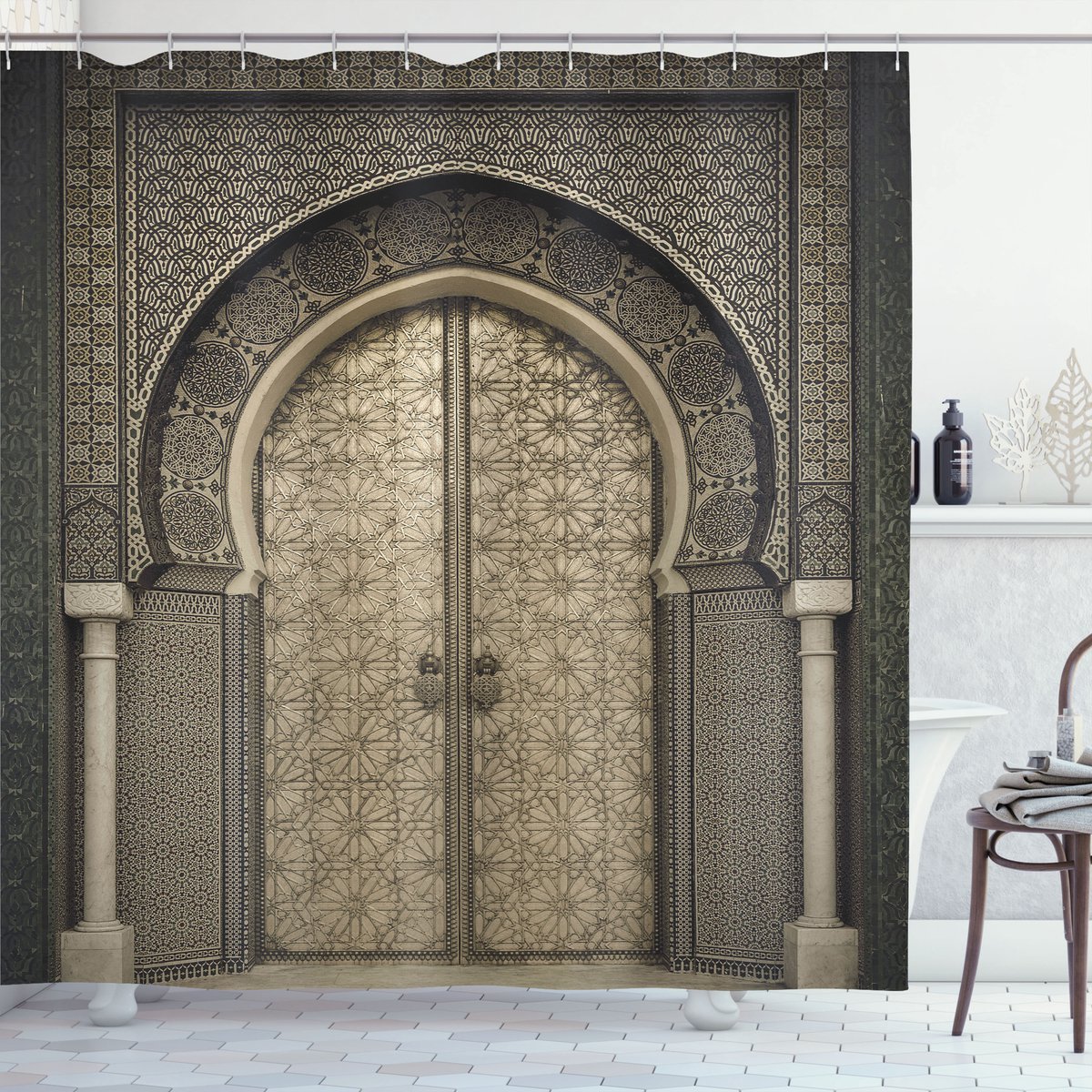 ABAKUHAUS Marokkaans Douchegordijn, Gealterte Tor Geometrisch, Stoffen Badkamerdecoratieset met Haken, 175 x 240 cm, Sepia Zwart