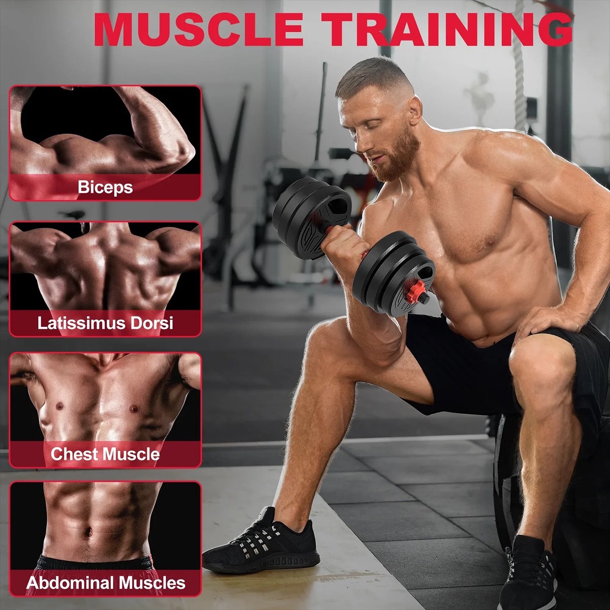 NaevaMi 3 in 1 Dumbells Set - Dumbbells - Kettlebells - Dumbbell Bars - 20kg Gewichten - Verstelbaar - Complete Home Gym Dumbbell en Krachtraining Oplossing - Thuis fitness - Fitness Schema - Zwart/Rood – foto 3