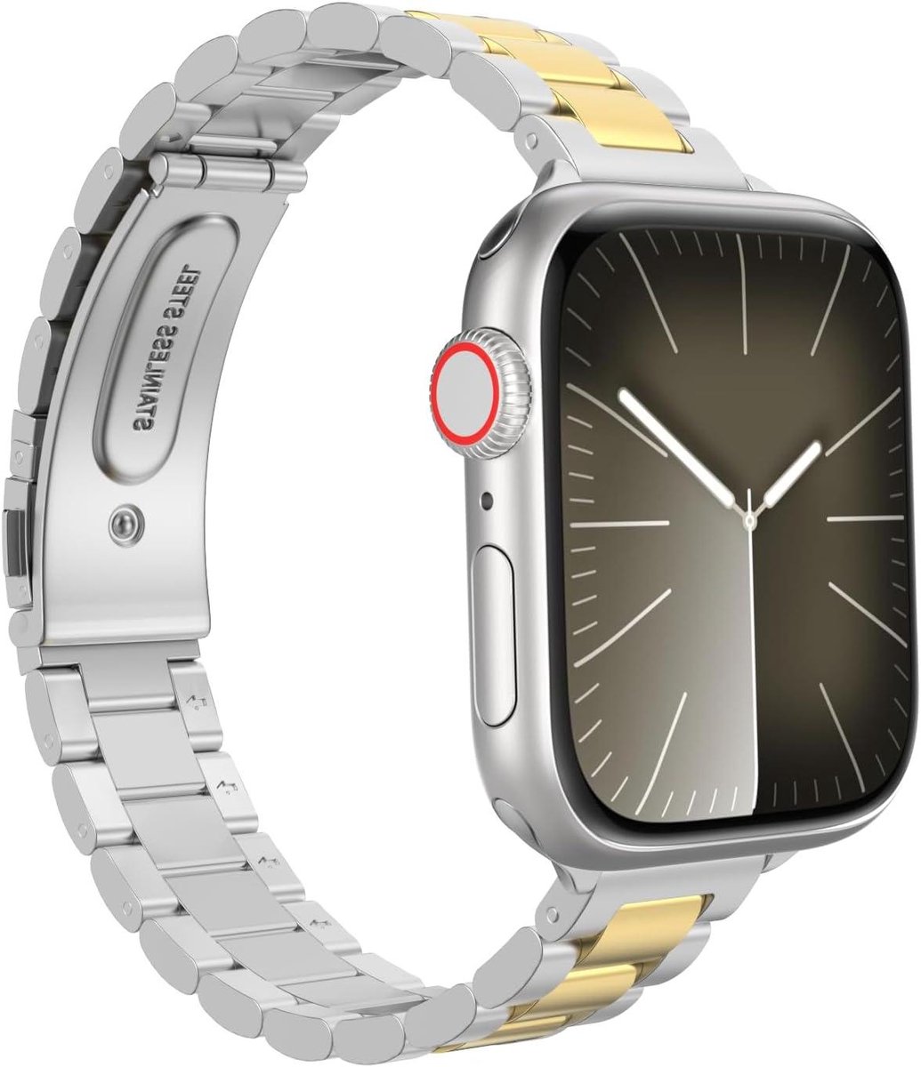 RVS Horlogebandje voor Apple Watch 38-40-41mm - Verstelbare Metalen Armband - Zilver-Goud - SE SE2 Series