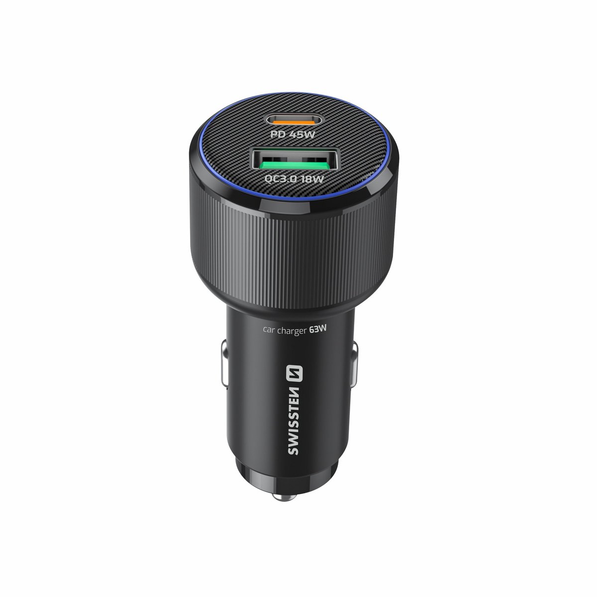 Swissten Autolader 63W - USB-A + USB-C Poort - Snellader - Zwart