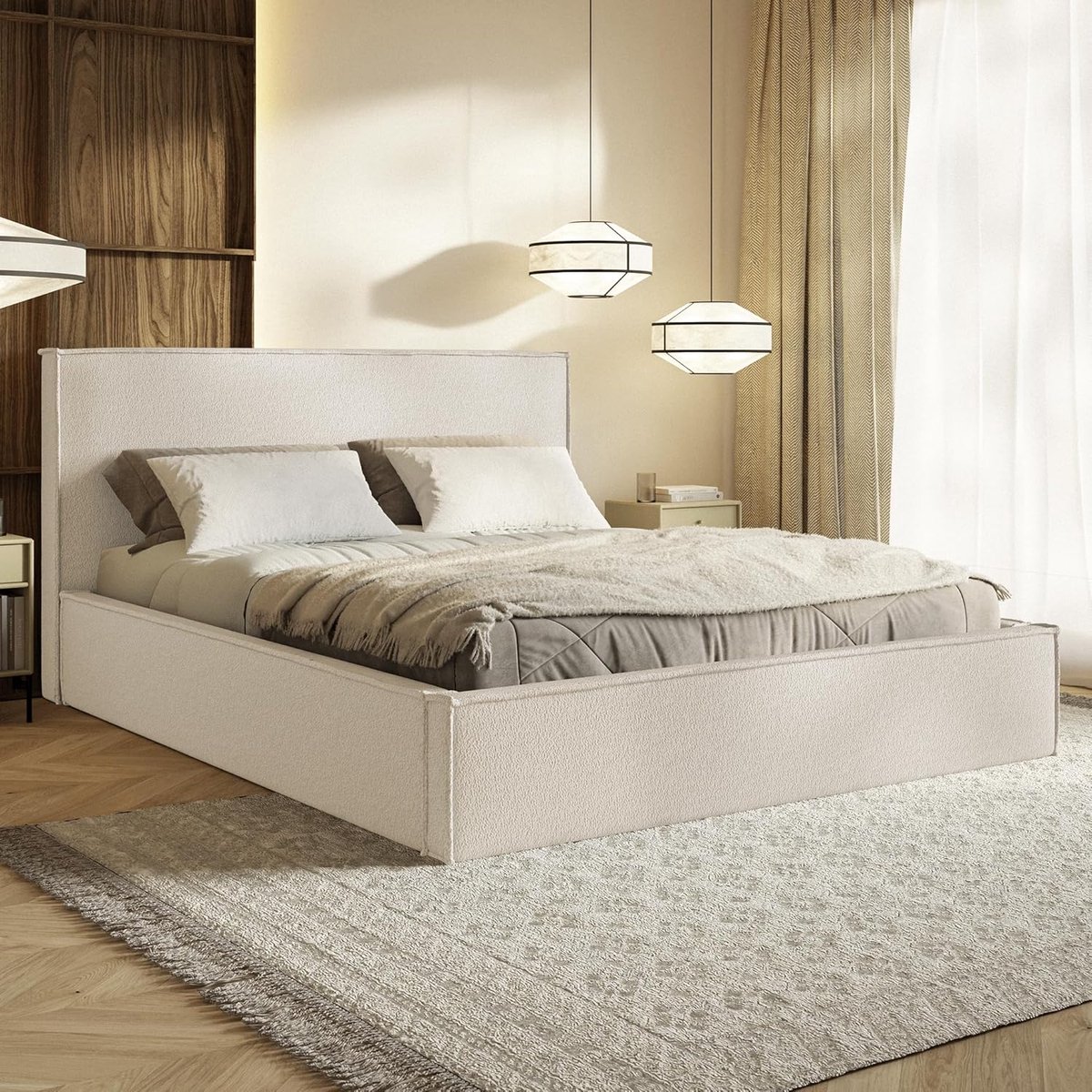Gestoffeerd Bed 160x200 cm met Opbergruimte & Bedlade – Pauwhome Boho Velvet Luxe Bedframe Beige (Crème) met Hoofdeinde & Lattenbodem – Zonder Matras