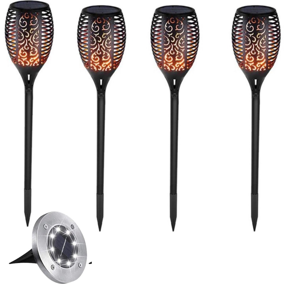 Bol.com Set van 4 XL Solar Tuinfakkels – 78 cm – IP65 – 3 Lichtstanden – Realistisch Vlam-effect – Zwart – Tuinverlichting op Zo... aanbieding