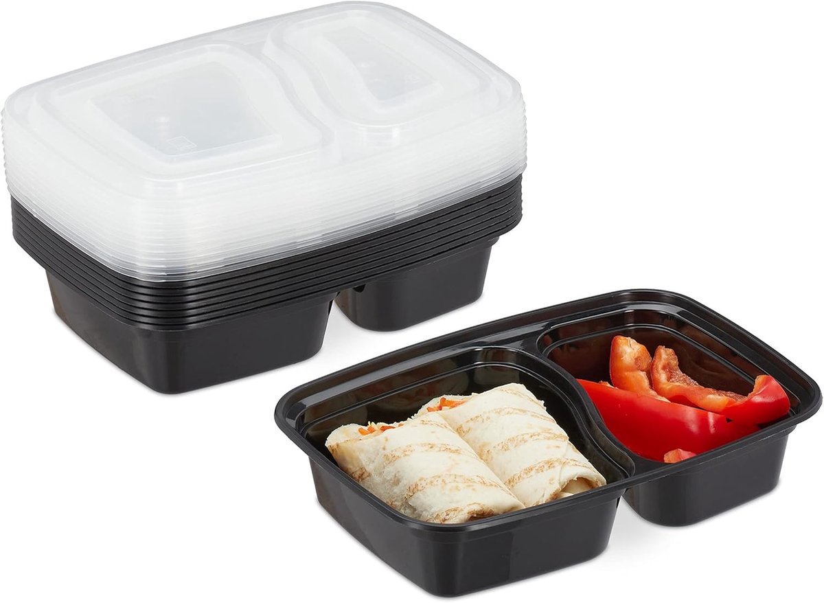 Famanu – Meal prep bakjes set 10 met 2 vakken – magnetron/vriezer geschikt, 800 ml (zwart)