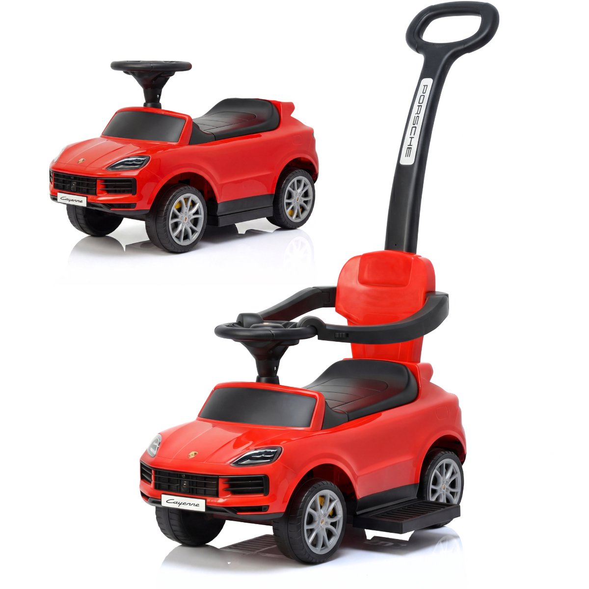 Porsche Cayenne 3-in-1 Loopauto 1 tot 3 jaar – Officieel Gelicentieerde Meegroeiende Kinderwagen met Verstelbare Duwstang – Babyauto met Claxon, Voetsteuntjes & Opbergbox – Rood
