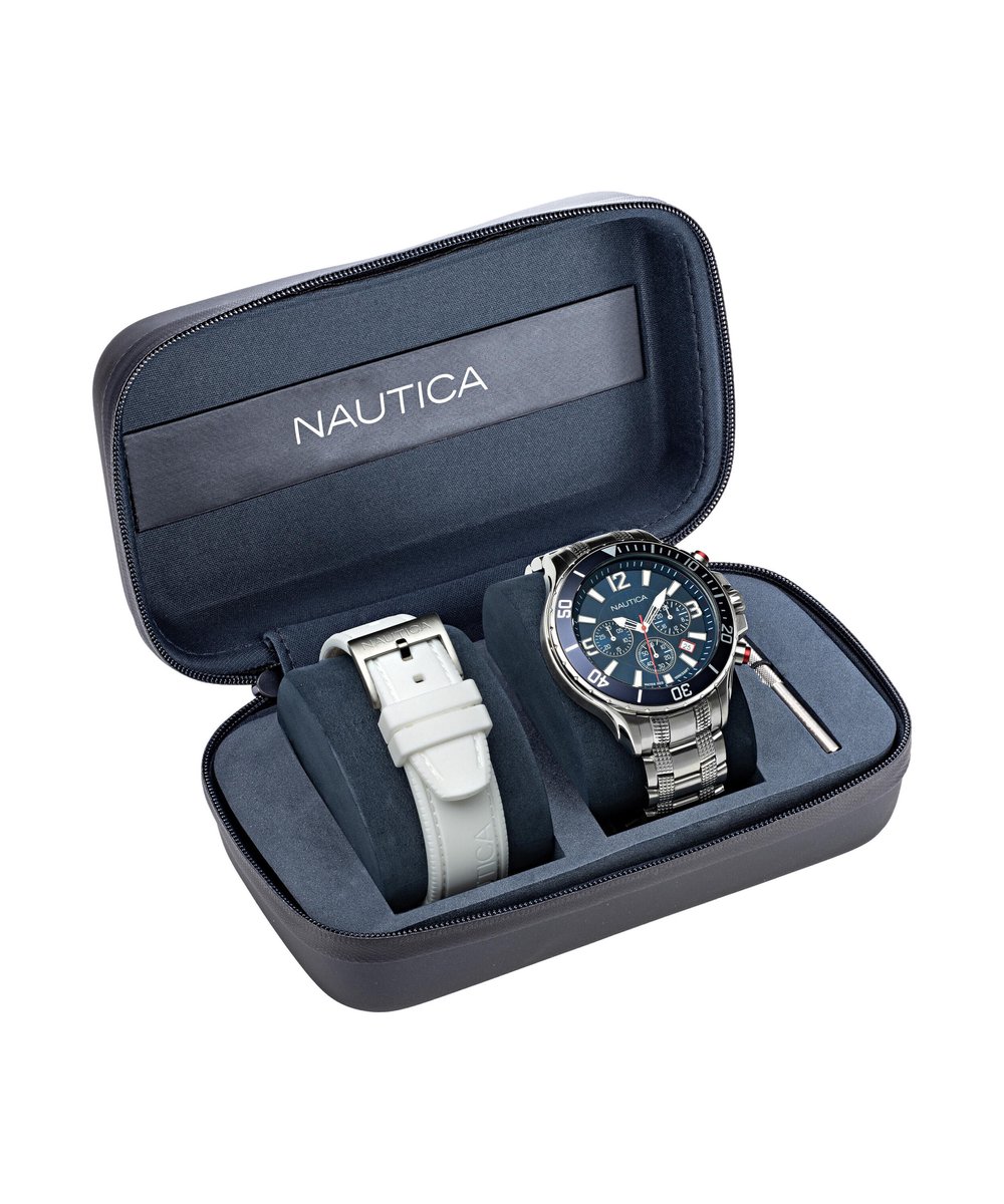 Nautica Nst Quartz Analog Chronograph Watch Zilver En Blauw Case: 100% Stainless Steel | Armband: 100% Stainless Steel 49 NAPNSS123