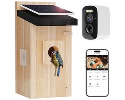 Vogelhuisje met Camera Wifi Draadloos Inclusief Zonnepaneel - AI Vogelherkenning en Audio - Hout